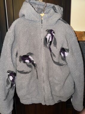 Taylor Swift!!!! Cozy Gray Sherpa Zip Hoodie with Purple Fish Motif